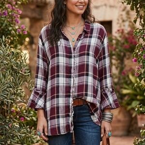 Roamans purple plaid ruffle front sz 4X button front soft flannel Southwestern